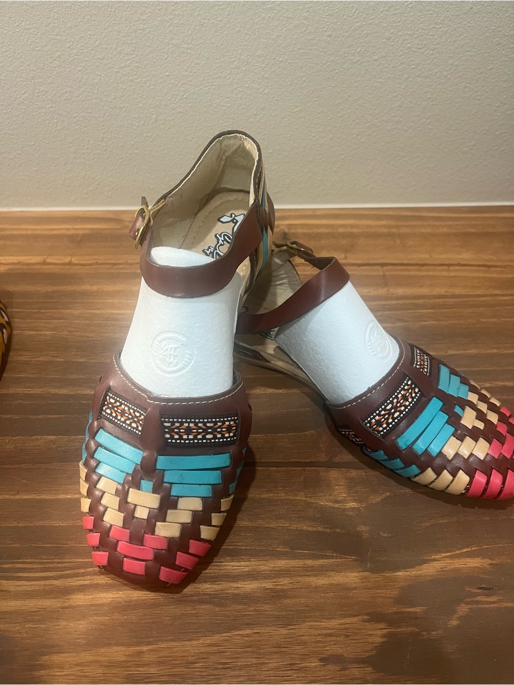 Leather Multi-Color Huarache Sandals for Women - Brown/Turquoise/Red